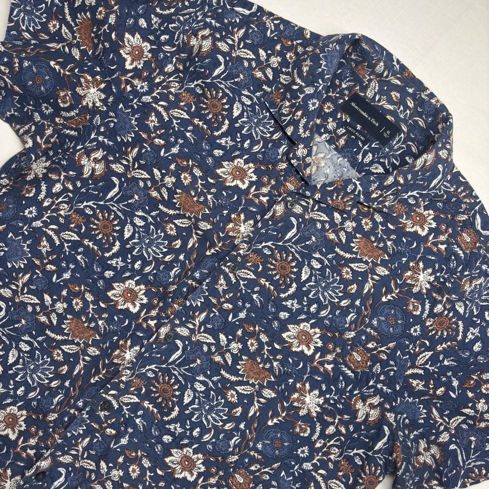 Abercrombie & Fitch Mens XL Blue Floral Linen Blend Short Sleeve Button Up Shirt